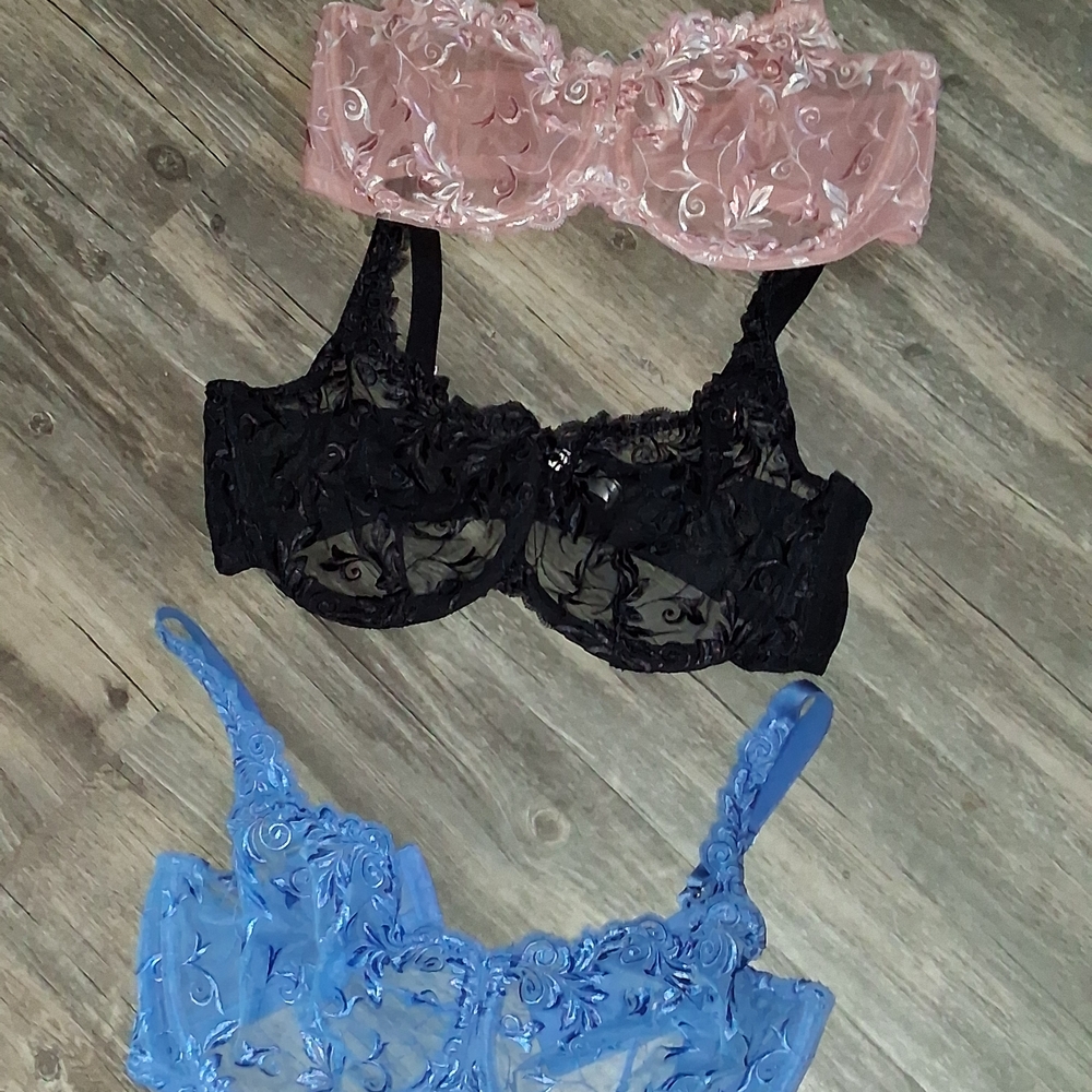 Soma Balconette Floral Sheer Lace Underwire Bra Set Black, Blue & Pink